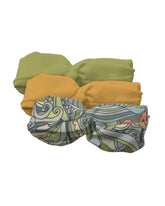 Jana print twist knot headband set of 3 with elastic back—Jana print, Fire Bush Yellow solid, and Dark Olive Green solid, double lined polyester headbands - Blissfully Brand