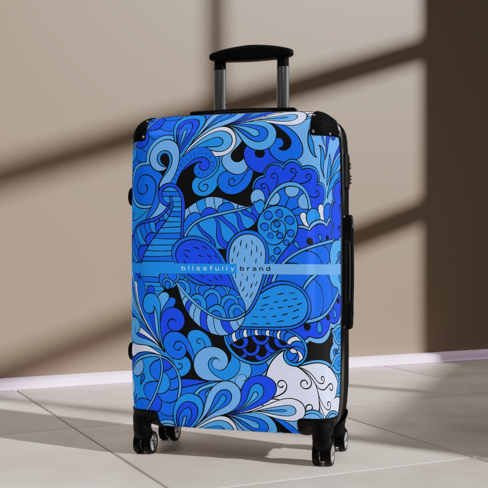 Ima Luggage Collection - Abstract Kaleidoscope Paisley Floral Print Psychedelic Retro Swirls Funky Multicolor Check in Carry On Roller 360 Hard Shell Unique Retro Vibrant Bold Blue