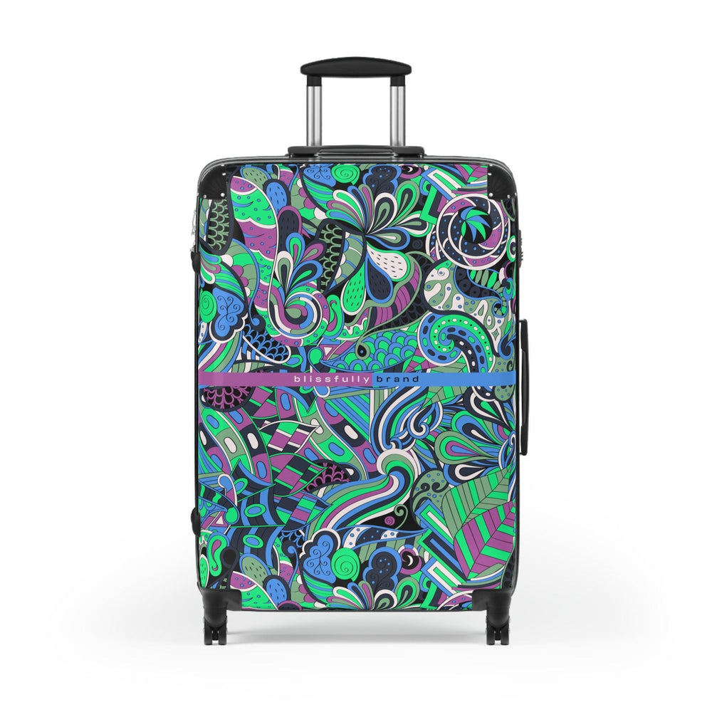 Nela Luggage Collection - Abstract Kaleidoscope Paisley Floral Print Psychedelic Retro Swirls Funky Multicolor Check in Carry On Roller 360 Hard Shell Unique Retro Vibrant Bold Eclectic Boho Chic Blue Green