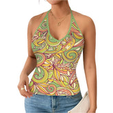 Vibrant Kohi print halter neck tank top with colorful floral swirls in green, yellow, and pink – perfect summer fashion - Blissfully Brand