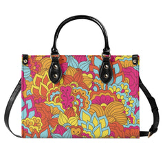 Inela Box Satchel - Flower Power Retro Vibrant Floral Bold Psychedelic Faux Leather Shoulder Handbag Small Medium Large - Funky Red Pink Orange Yellow