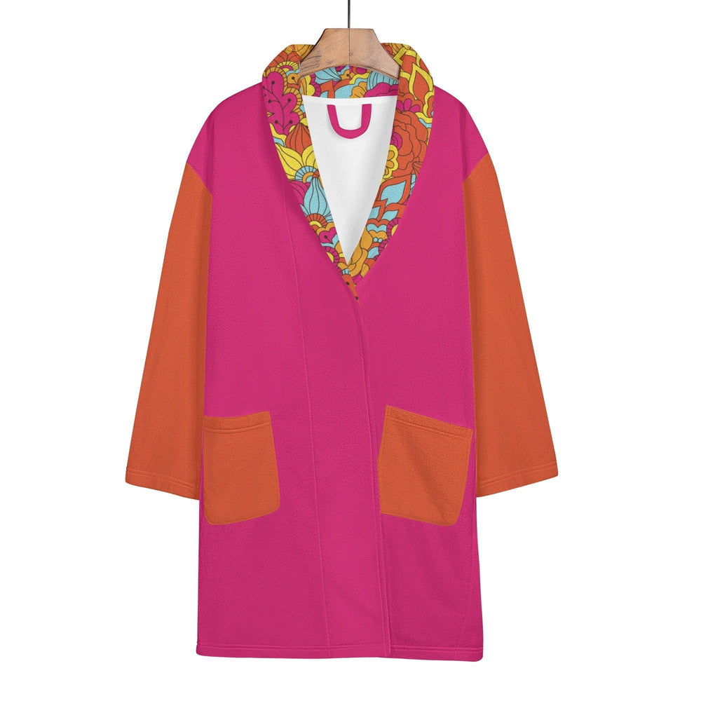 Inela Color Block Lightweight Short Pink & Orange Bathrobe Flower Power Retro Vibrant Robe Travel Pockets Self Tie Belted Women's
