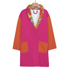 Inela Color Block Lightweight Short Pink & Orange Bathrobe Flower Power Retro Vibrant Robe Travel Pockets Self Tie Belted Women's
