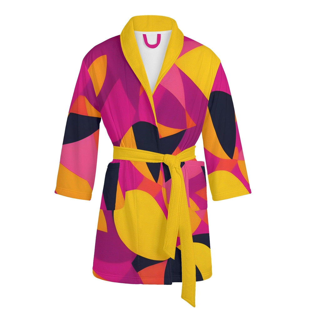 Airline Series Lightweight Short Bathrobe - Abstract - Belted Robe Pink Yellow Orange Retro Bold Vibrant Pockets Women's 929 Blissfully Brand Black Label