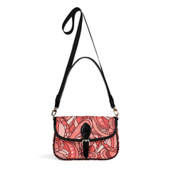Stylish floral coral patterned women's shoulder bag strap and secure clasp closure faux leather red pink