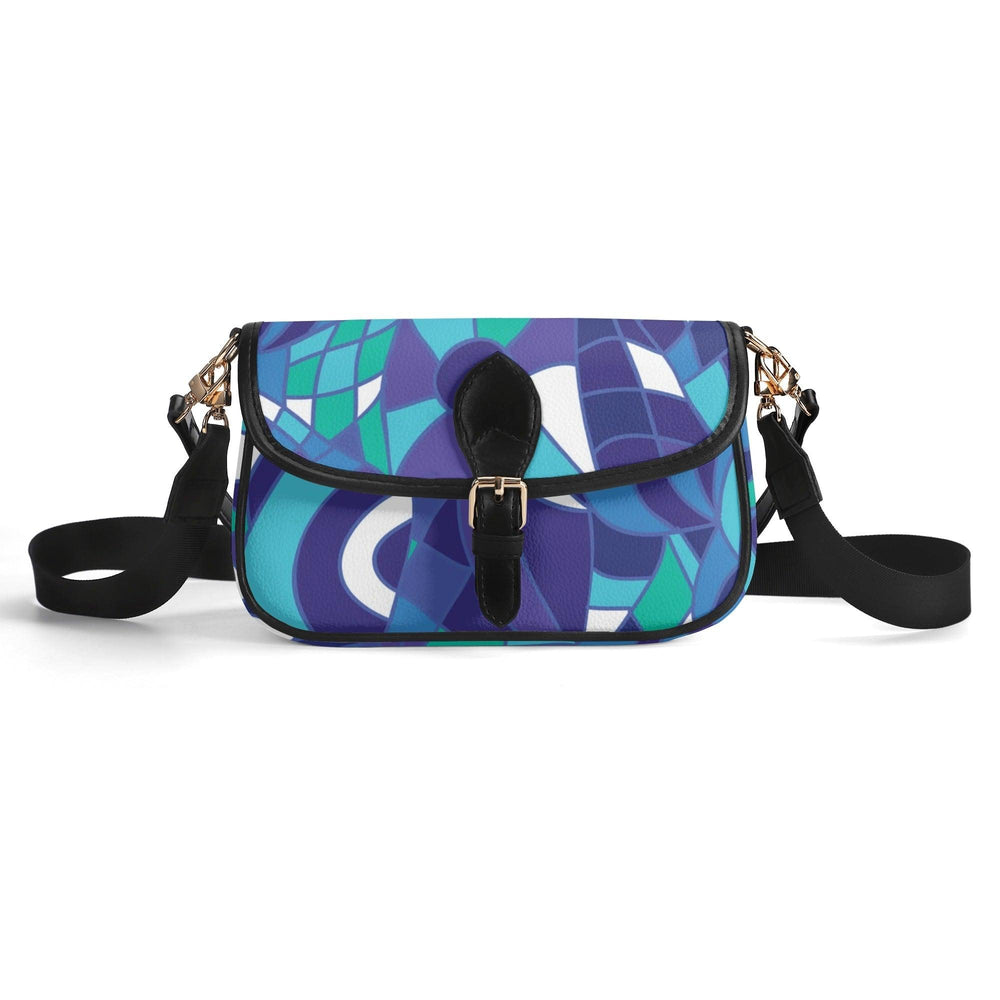 Kume Colorful geometric patterned flap bag with blue, purple, teal, and white abstract design, black trim and strap, gold hardware. Retro Chic Blissfully Brand