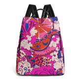 vibrant Sameri print women's backpack featuring a bold retro psychedelic pattern in fuchsia, orange, and blue with black straps - Anti-theft - Blissfully Brand