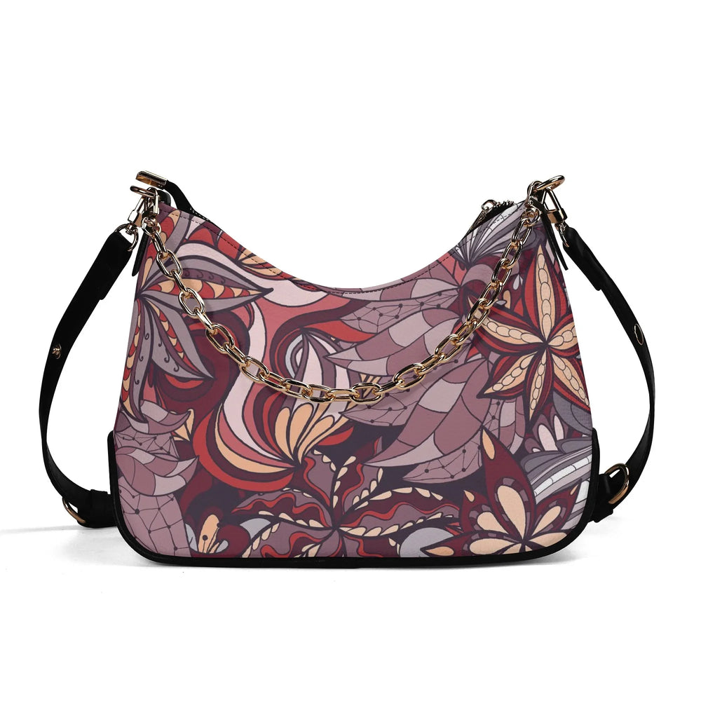 Vibrant Biei Print Faux Leather Shoulder Bag with Abstract Floral Design, Gold Chain Strap, and Adjustable Handles - Blissfully Brand
