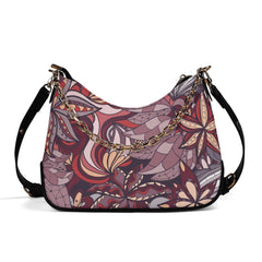 Vibrant Biei Print Faux Leather Shoulder Bag with Abstract Floral Design, Gold Chain Strap, and Adjustable Handles - Blissfully Brand