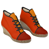Ame Series Wedge Espadrilles in orange and red with black trim and jute wedge heel, Color Block Cotton Canvas, Summer Chic Style Women's Shoes Designer Handmade - London Bliss Collection by Blissfully Brand