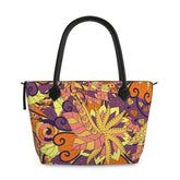Aki pattern zip top Satin tote bag with psychedelic floral design, leather handles, and roomy interior - 18.5" x 12.2" x 5.7" - Blissfully Brand - Made to Order