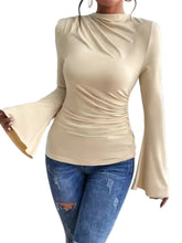 form-fitting nude beige ruched mock neck long sleeve top featuring dramatic bell sleeves - Blissfully Brand Jeans