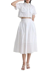 White two-piece set with lace trim cropped blouse and midi skirt, cottage core fashion ensemble - Blissfully Brand Jeans