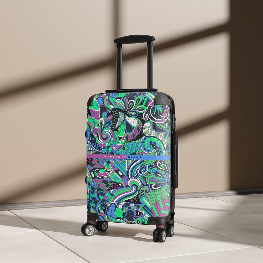 Nela Luggage Collection - Abstract Kaleidoscope Paisley Floral Print Psychedelic Retro Swirls Funky Multicolor Check in Carry On Roller 360 Hard Shell Unique Retro Vibrant Bold Eclectic Boho Chic Blue Green
