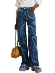 Retro high-waisted wide-leg blue jeans with swirl pattern - wave ripples - statement jeans - Blissfully Brand