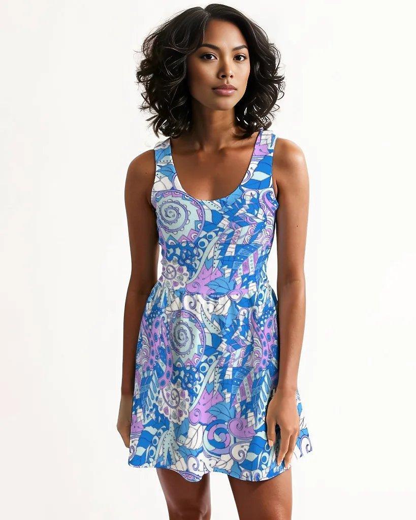 Women's blue, purple, and white psychedelic retro paisley floral  abstract printed skater dress with a scoop neck and sleeveless design