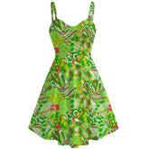 Midori Groove Retro A-Line Dress featuring a vibrant green, pink, and white abstract swirl floral paisley print - Blissfully Brand