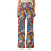 Vibrant Opula print wide-leg flare pants, featuring a colorful psychedelic paisley pattern in red, blue, yellow, and pink - Retro Chic - Blissfully Brand