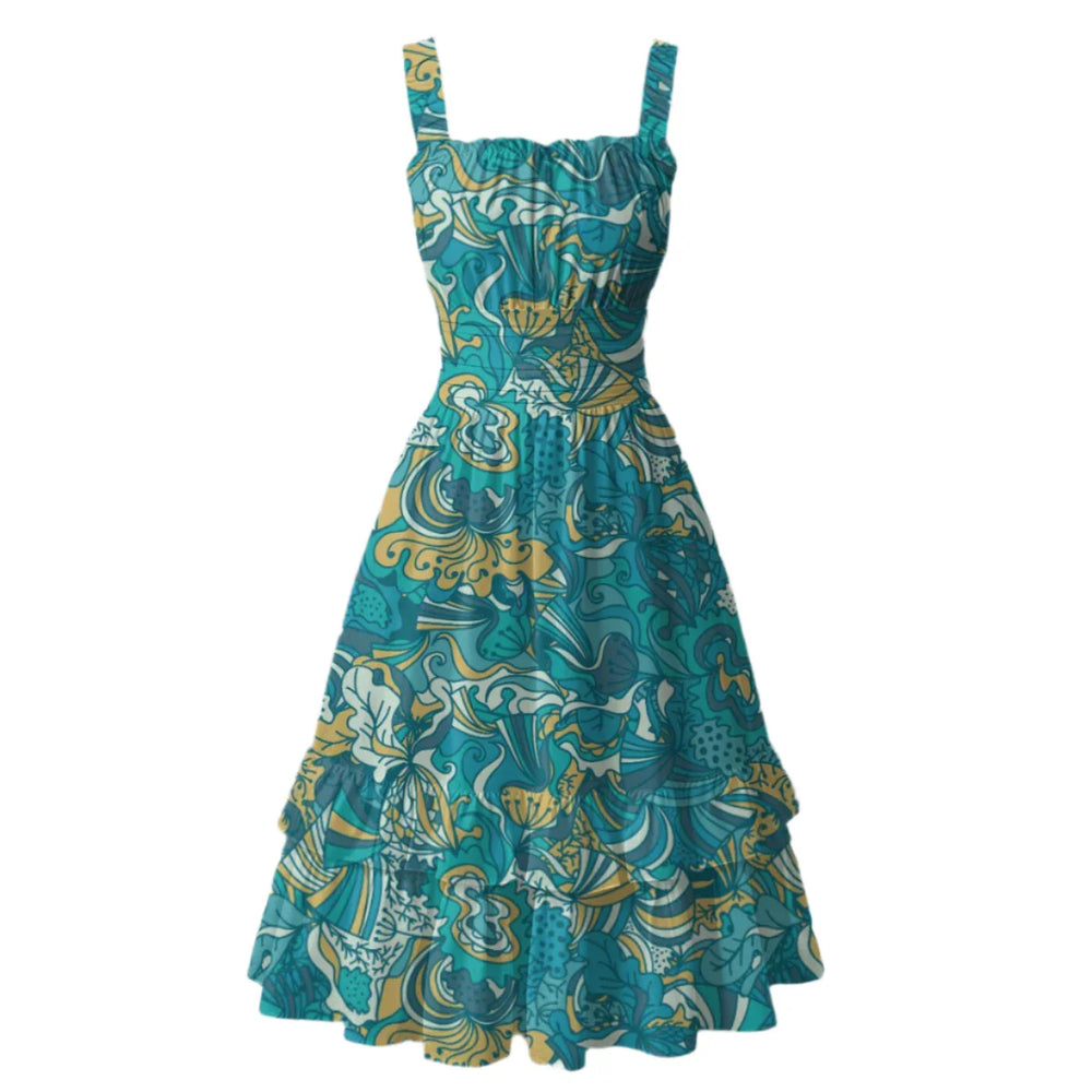 Masu print teal and yellow floral ruffle midi sundress with wide straps - Blissfully Brand