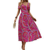 vibrant pink paisley print cold shoulder midi dress with flared skirt and V-neckline, perfect for summer bohemian style - Blissfully Brand