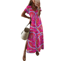 Vibrant pink abstract paisley print maxi dress with side slit, short sleeves, and bohemian pattern - Retro Bold Chic Summer Style - Blissfully Brand