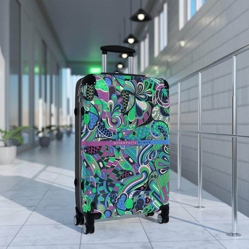 Nela Luggage Collection - Abstract Kaleidoscope Paisley Floral Print Psychedelic Retro Swirls Funky Multicolor Check in Carry On Roller 360 Hard Shell Unique Retro Vibrant Bold Eclectic Boho Chic Blue Green