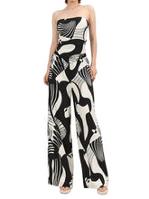 chic black and white abstract print two-piece ensemble featuring a strapless bandeau top and high-waisted wide-leg palazzo pants - Blissfully Brand Jeans