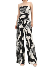 chic black and white abstract print two-piece ensemble featuring a strapless bandeau top and high-waisted wide-leg palazzo pants - Blissfully Brand Jeans