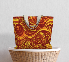 Safrana print large tote bag with vibrant paisley pattern in orange and red, made from poly or cotton canvas - retro boho carry all bag - Blissfully Brand