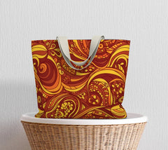 Safrana print large tote bag with vibrant paisley pattern in orange and red, made from poly or cotton canvas - retro boho carry all bag - Blissfully Brand