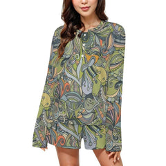 Women's Green Floral Pajama Set - Long Sleeve Top and Shorts - Bohemian Style Sleepwear