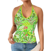 Vibrant green Midori print halter cami top for women with bold abstract psychedelic leaf pattern summer styles - Blissfully Brand