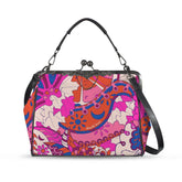 Retro Colorful Sameria print kiss-lock handbag with psychedelic paisley floral design, top handle, and detachable shoulder strap - Blissfully Brand