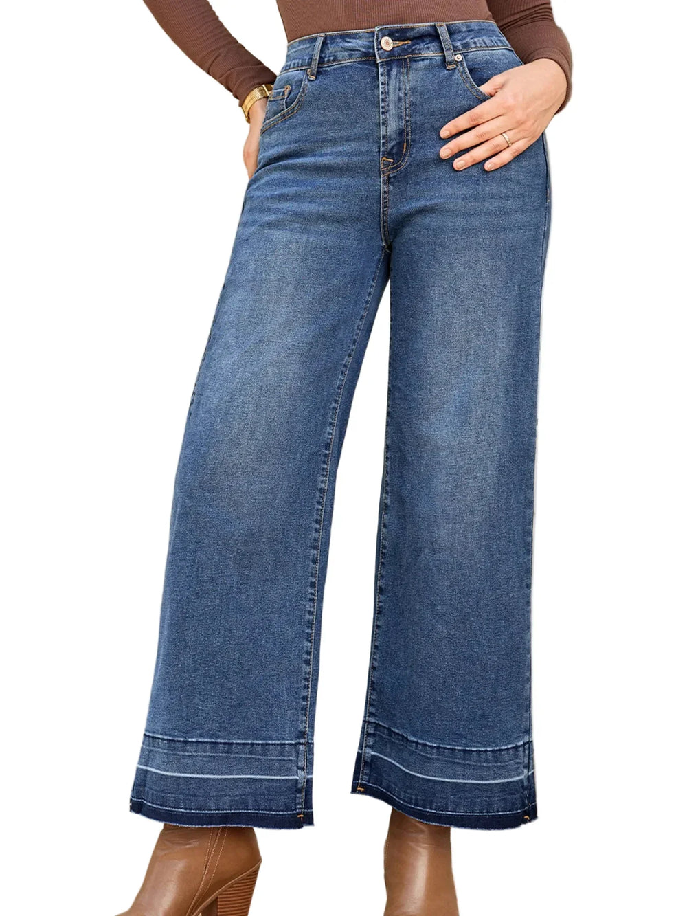 High-waisted wide leg blue jeans with frayed hem detail - relaxed fit and vintage-inspired silhouette - Bliss & Tell by Blissfully Brand
