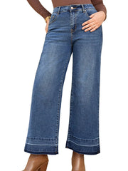 High-waisted wide leg blue jeans with frayed hem detail - relaxed fit and vintage-inspired silhouette - Bliss & Tell by Blissfully Brand