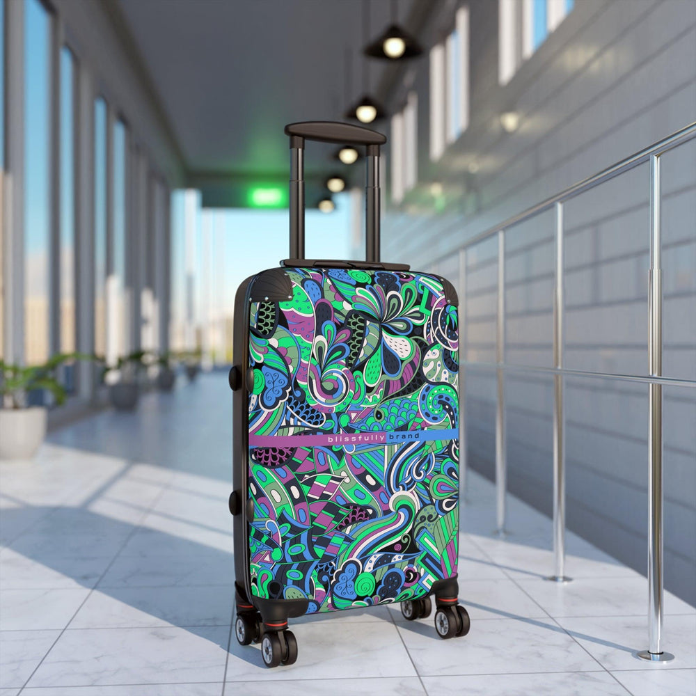 Nela Luggage Collection - Abstract Kaleidoscope Paisley Floral Print Psychedelic Retro Swirls Funky Multicolor Check in Carry On Roller 360 Hard Shell Unique Retro Vibrant Bold Eclectic Boho Chic Blue Green
