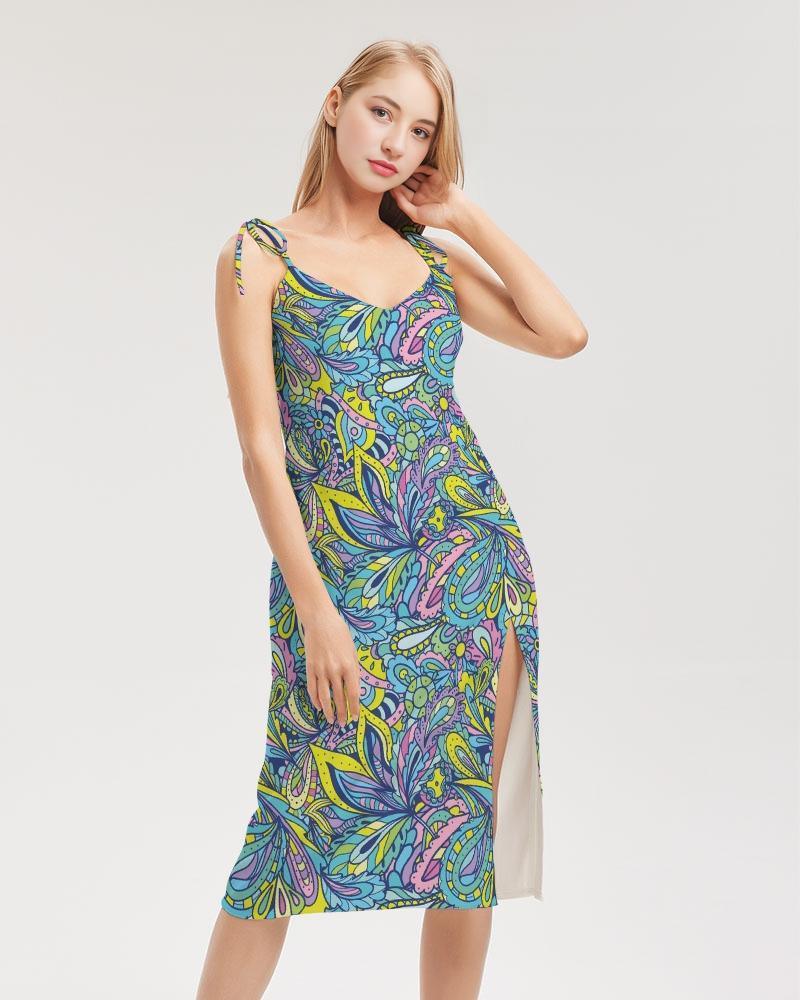 Sleeveless summer paisley dress Side slit colorful floral dress vibrant bold retro bright print midi dress Blissfully Brand