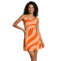 Aki Color Series Remix Skater Dress, featuring bold, wavy stripes in Vivid Tangerine Orange and Flush Orange. The sleeveless, fit-and-flare - retro pattern - Blissfully Brand