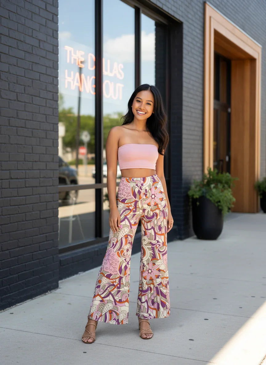 Amai Print Palazzo Pants: high-waisted, patterned palazzo pants with retro 70's floral and paisley design, swirly colorful pink orange purple - wide leg trousers - Profonde by Blissfully Brand