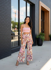 Amai Print Palazzo Pants: high-waisted, patterned palazzo pants with retro 70's floral and paisley design, swirly colorful pink orange purple - wide leg trousers - Profonde by Blissfully Brand