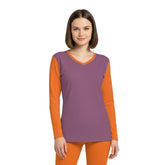 Amai women’s color‑block long‑sleeve V‑neck tee in Strikemaster Violet with Tango Orange sleeves and trim Bold and vibrant premium tee - Blissfully Brand