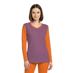Amai women’s color‑block long‑sleeve V‑neck tee in Strikemaster Violet with Tango Orange sleeves and trim Bold and vibrant premium tee - Blissfully Brand