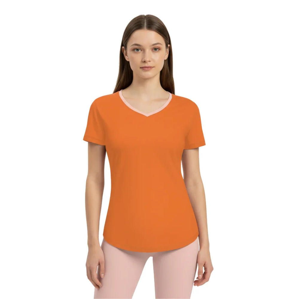 Amai Tango Orange V-Neck Tee in premium fabric with Pink Trim - Blissfully Brand