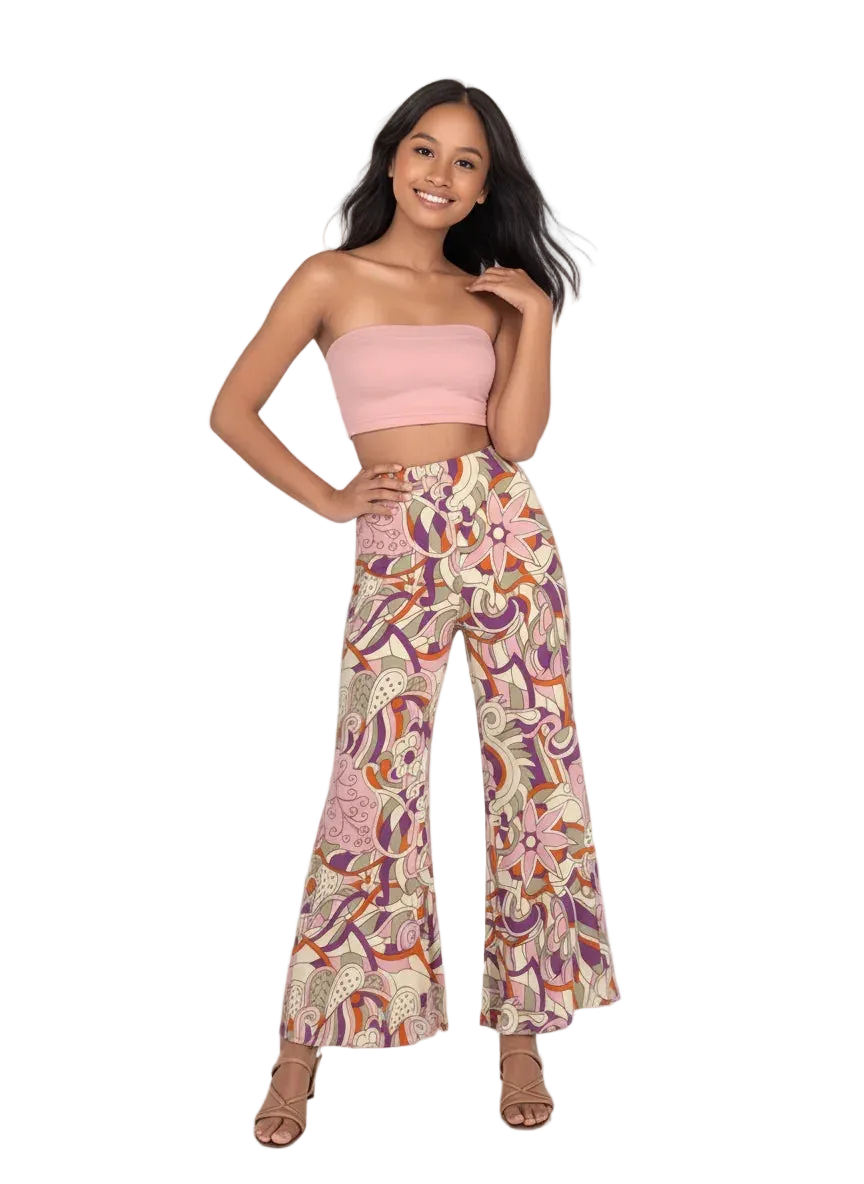 Amai print palazzo pants in retro 70's plum coral pink paisley pattern - high waist wide leg pants women - Profonde by Blissfully Brand