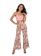 Amai print palazzo pants in retro 70's plum coral pink paisley pattern - high waist wide leg pants women - Profonde by Blissfully Brand