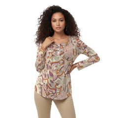 Women's psychedelic pattern long sleeve top with a single button detail, a scoop neck, and a flowy fit.