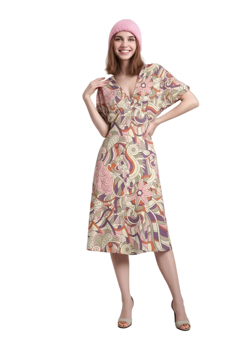 Amai print draped V-neck midi dress retro paisley purple coral - butterfly sleeve relaxed fit dress - Profonde by Blissfully Brand