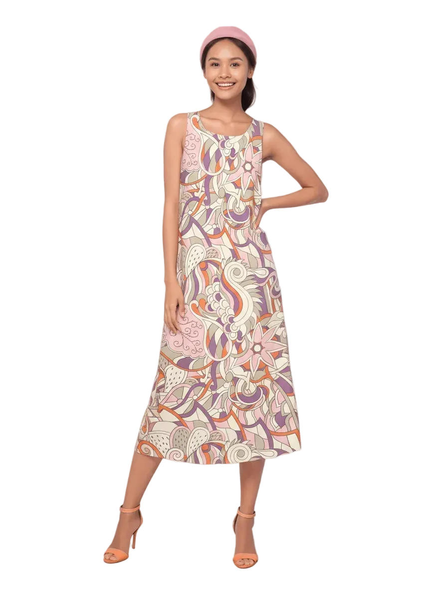 Amai print sleeveless maxi dress retro paisley purple coral - women's round neck midi dress relaxed fit - Profonde by Blissfully Brand