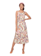 Amai print sleeveless maxi dress retro paisley purple coral - women's round neck midi dress relaxed fit - Profonde by Blissfully Brand