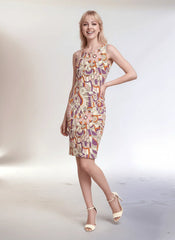 Amai dress by Blissfully Brand with colorful abstract retro-inspired floral patterns, sleeveless design, and knee-length style